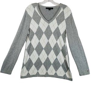 Tommy Hilfiger Womens Argyle Sweater Size L V Neck Pullover Long Sleeve Gray